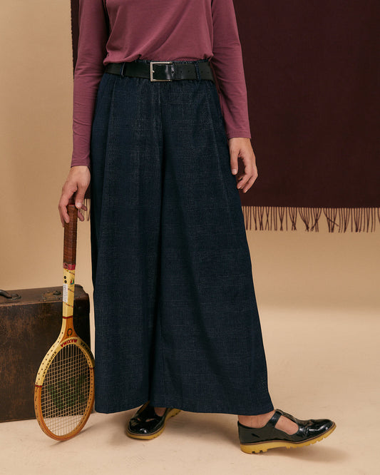 Pantalone Samurai Long in velluto di cotone principe di galles blu