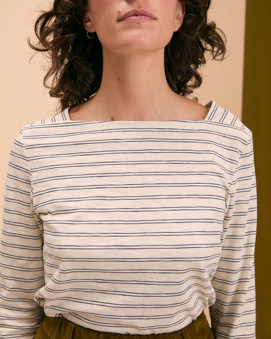 T-shirt Sonia in Jersey di cotone a righe piccole blu e panna