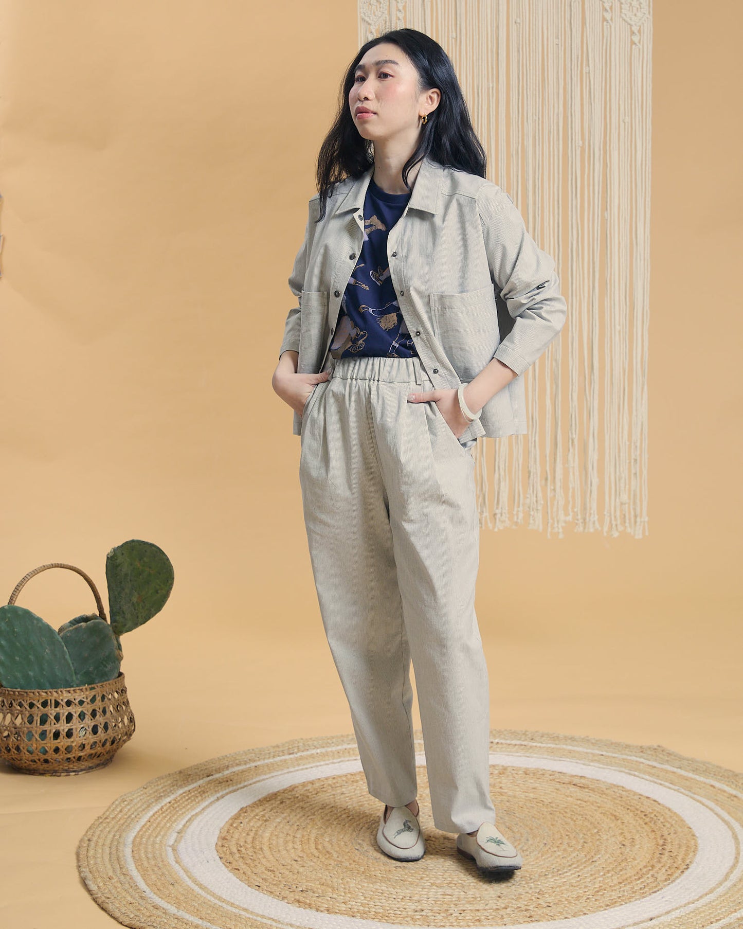 Pantalone Chino in cotone chiaro fantasia millerighe