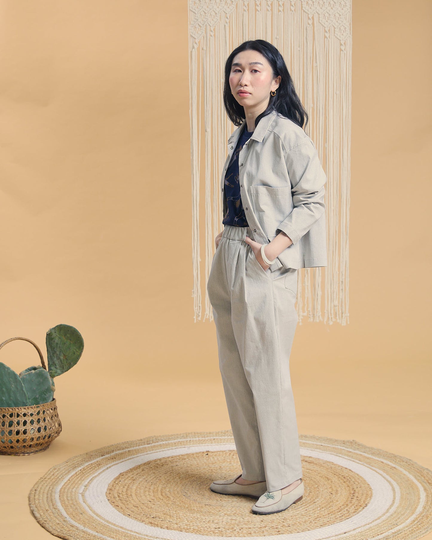 Pantalone Chino in cotone chiaro fantasia millerighe