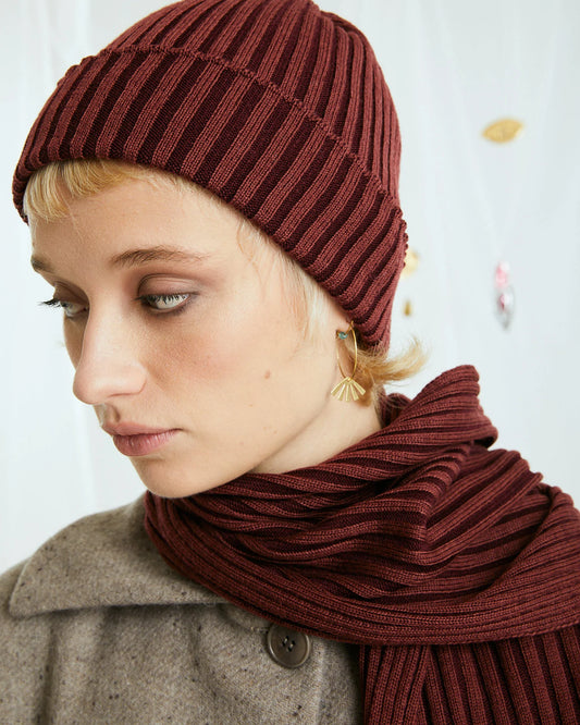 SET Sciarpa+Cuffia in lana merino extrafine brandy e bordeaux