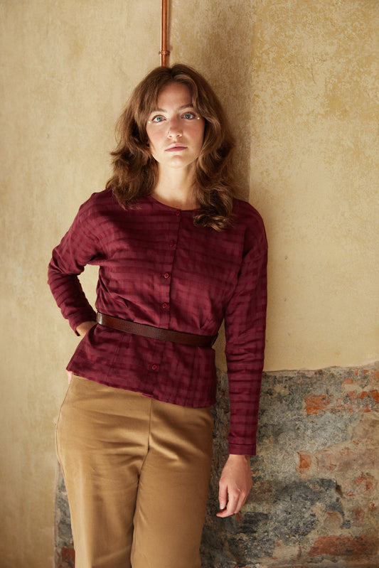 Camicia Fusion bordeaux a quadri tono su tono